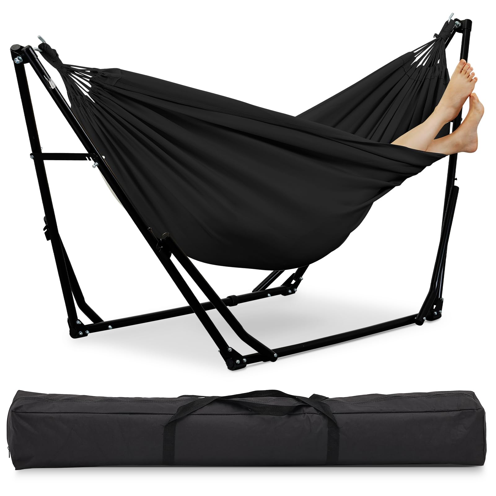 OVASTLKUY 2 in 1 Hammock with Stand, Outdoor Hammock Swing Chair with Portable Heavy Duty Stand, Multi-Functional Hammock Stand 480 lbs Weight Capacit-Black