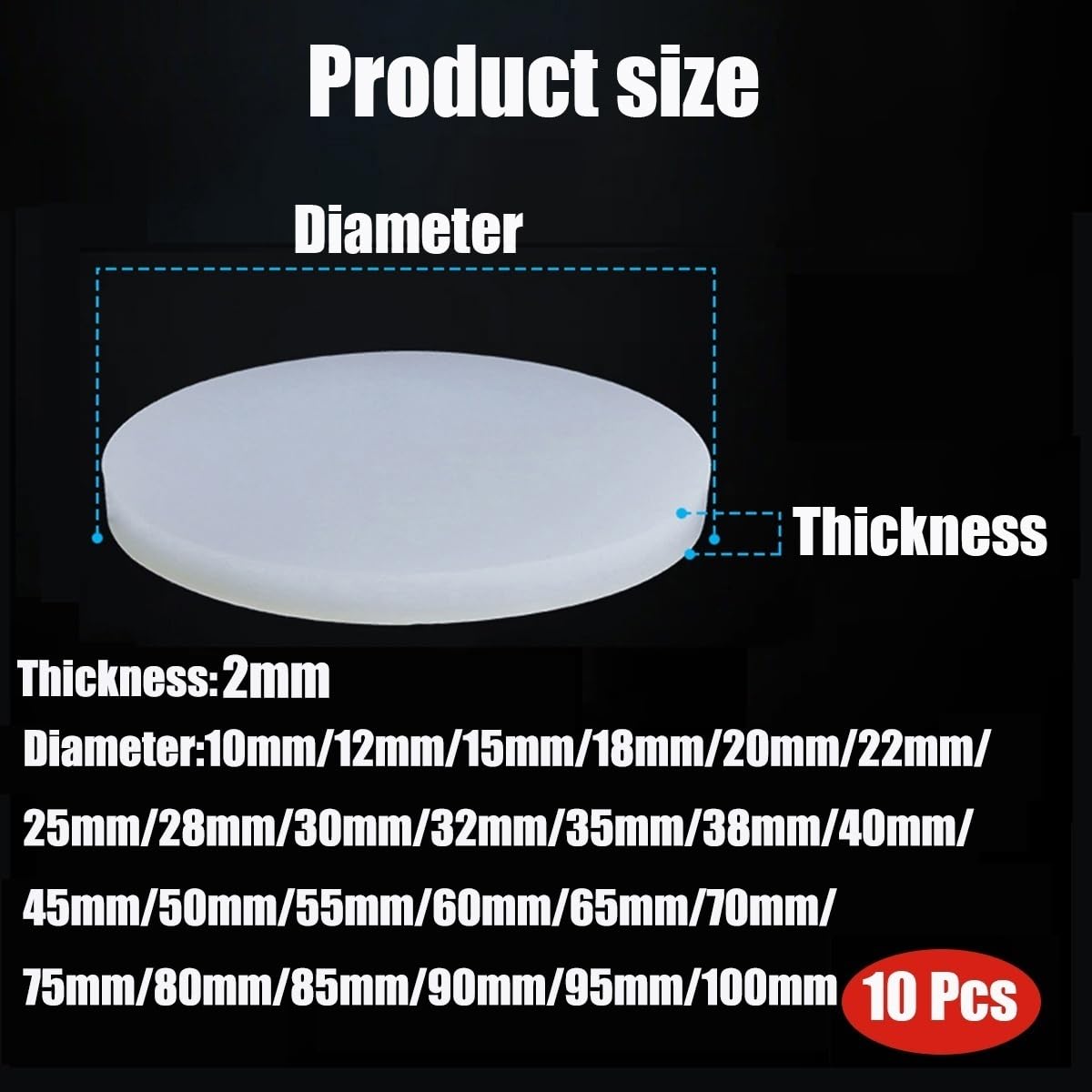 10 pcs disques ronds en caoutchouc silicone blanc, Ø 10-100mm, 2mm d’épaisseur, résistants à la chaleur, flexibles, antidérapants et antivibration, pour DIY, maison et usage industriel(100mm*2mm)