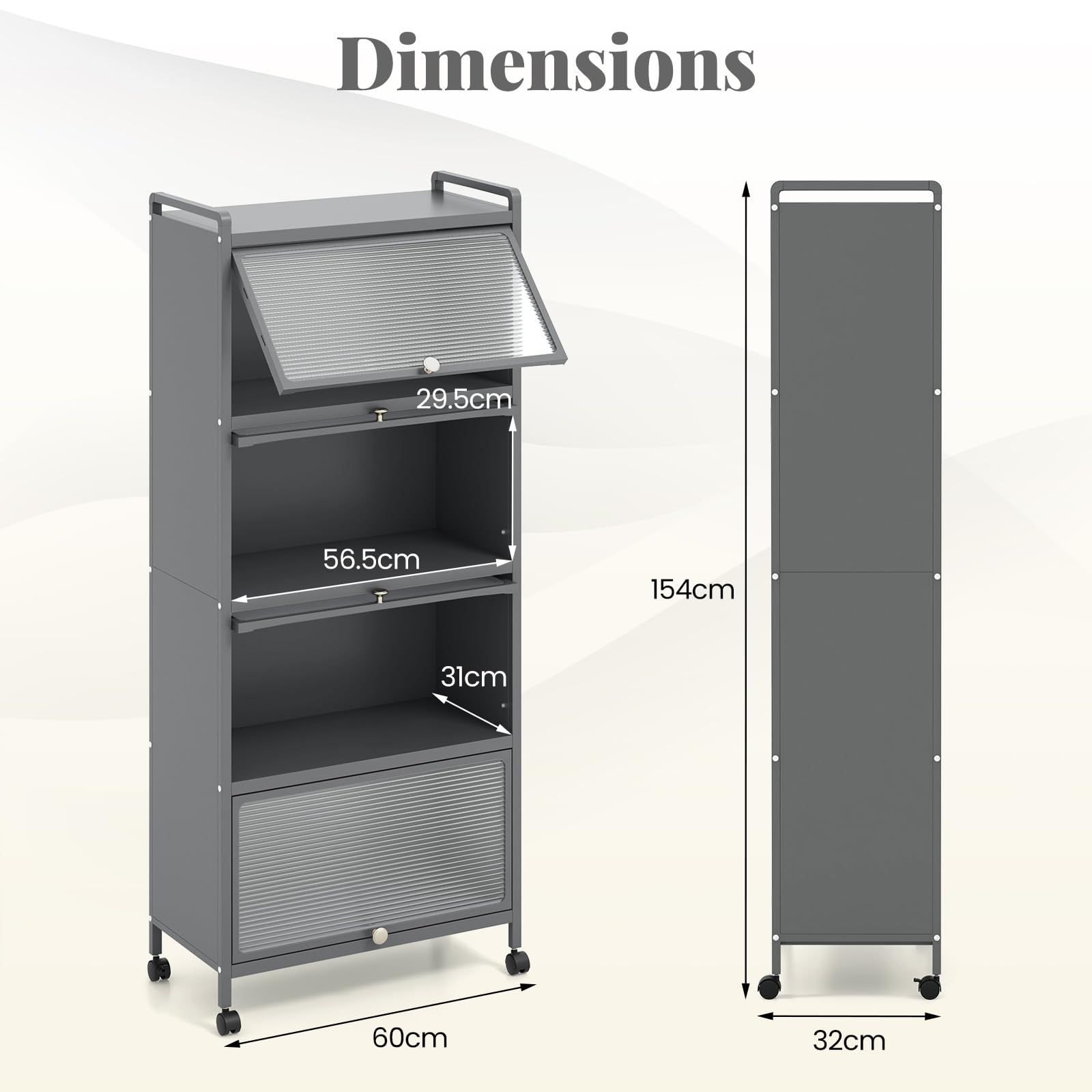 GIANTEX Armoire Cuisine 5 Niveaux avec Portes Rabattables, Meuble Cuisine Rangement à roulettes Universelles, Cadre en Métal, Étagere Cuisine pour Salon, Kit Anti-basculement, 60 x 32 x 154 cm(Gris)