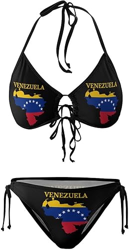 Miniatura 6 de Traje de baño de dos piezas con bandera de mapa de Venezuela para mujer, traje de baño sexy halter de cuerda, traje de baño triangular con lazo