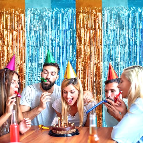Image of TONIFUL Orange Blue Door Streamers,Blue and Orange Photo Booth Backdrop Metallic Streamers Foil Fringe Curtain for Birthday,New Year,Graduation,Grad,Bachelorette Party Streamers Decoration