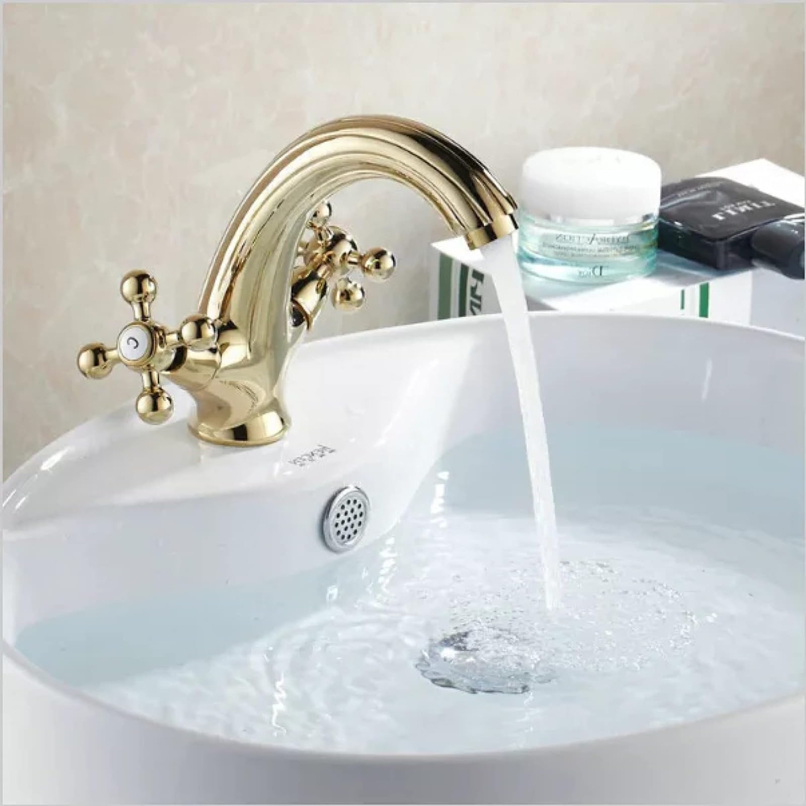 Grifo de baño dorado con doble manija cruzada para fregadero, grifo mezclador de un solo agujero, grifo de lavabo pulido