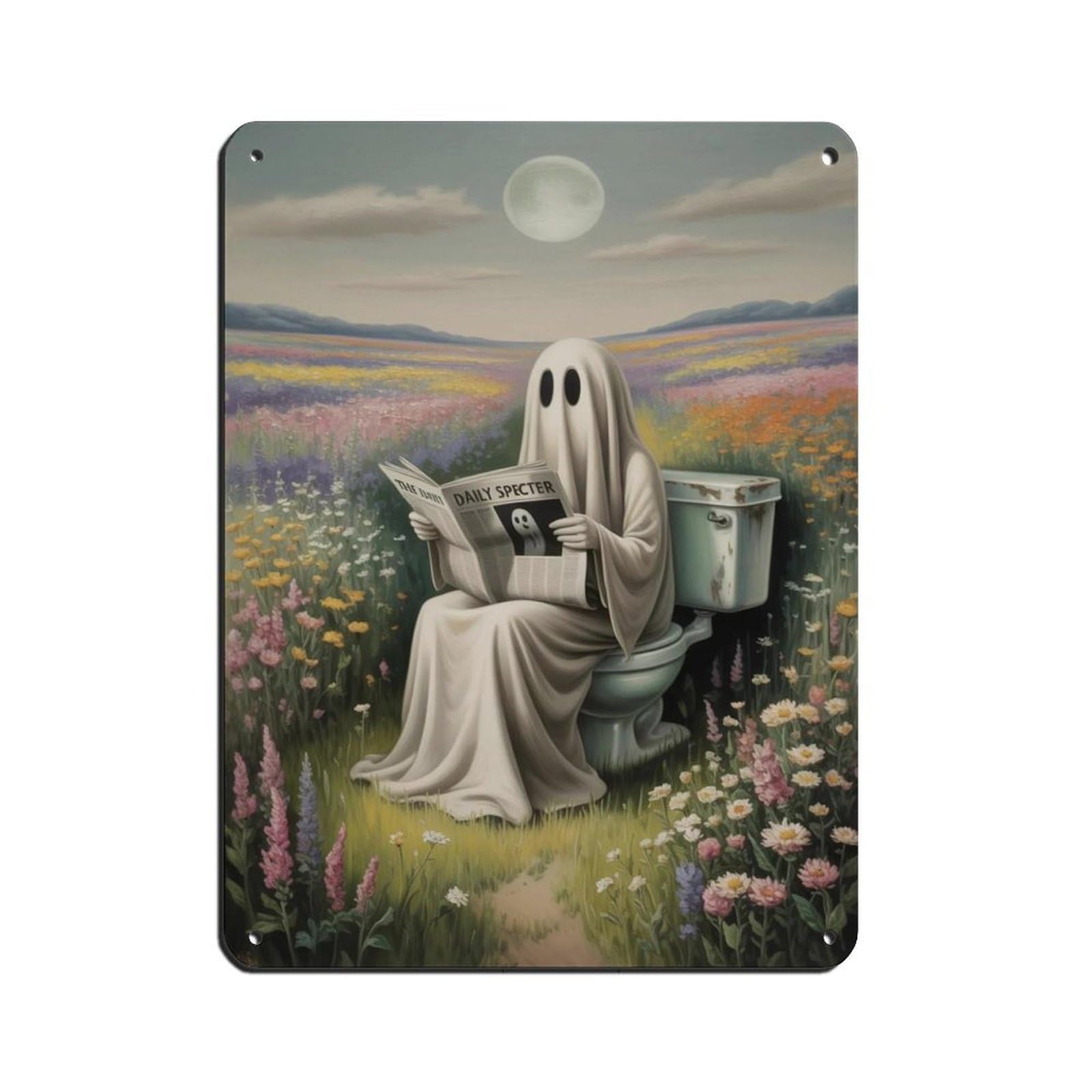 Ghost Reading A Newspaper with Flowers Poster Retro Poster Metal Tin Sign Chic Art Retro Iron Painting Bar People Cave Cafe Family Garage Poster Wall Decoration 12x16inch(30x40cm)