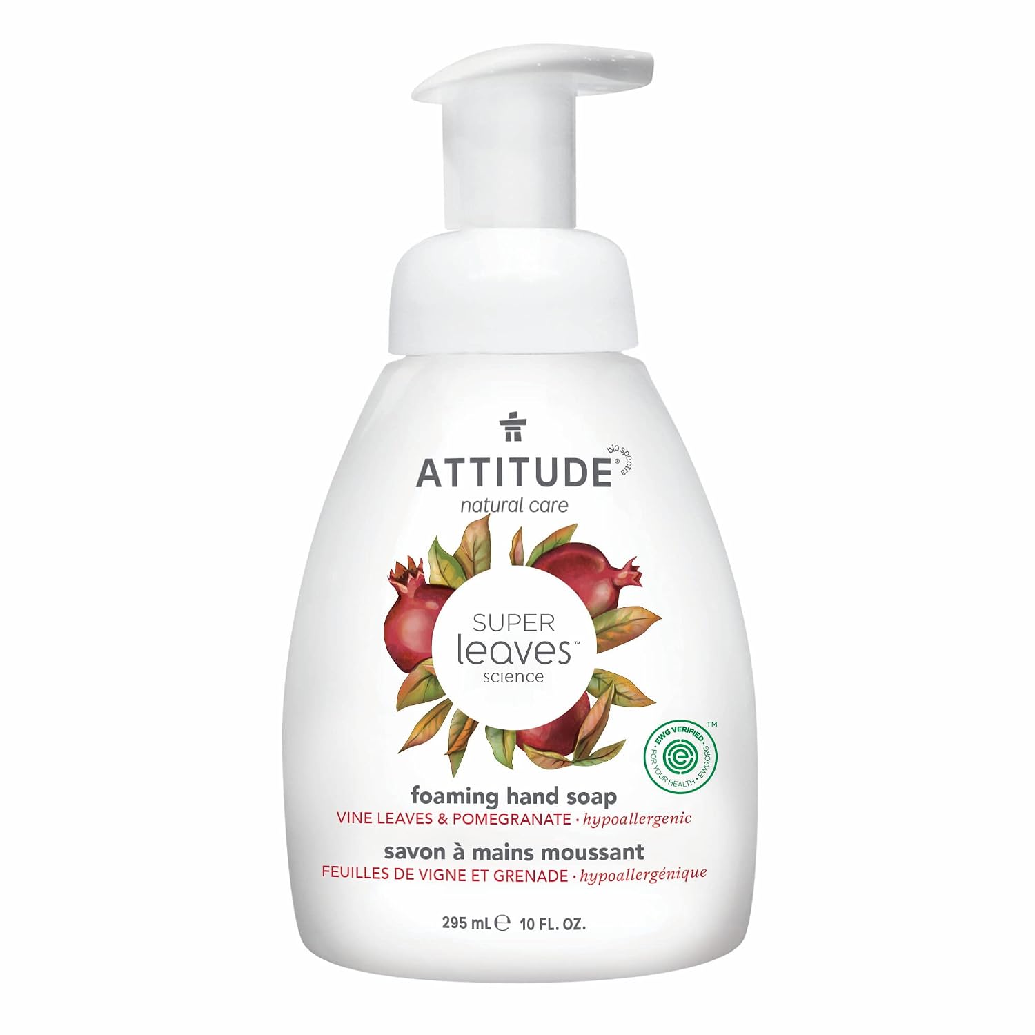 ATTITUDE Foaming Hand Soap, Plant and Mineral-Based Ingredients, Vegan and Cruelty-free Personal Care Products, Vine Leaves and Pomegranate, 10 Fl Oz