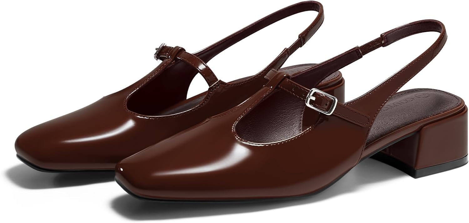 Coutgo Womens Mary Jane Slingback Low Heels T Strap Chunky Heel Closed Toe Pumps Wedding Party Dress Shoes