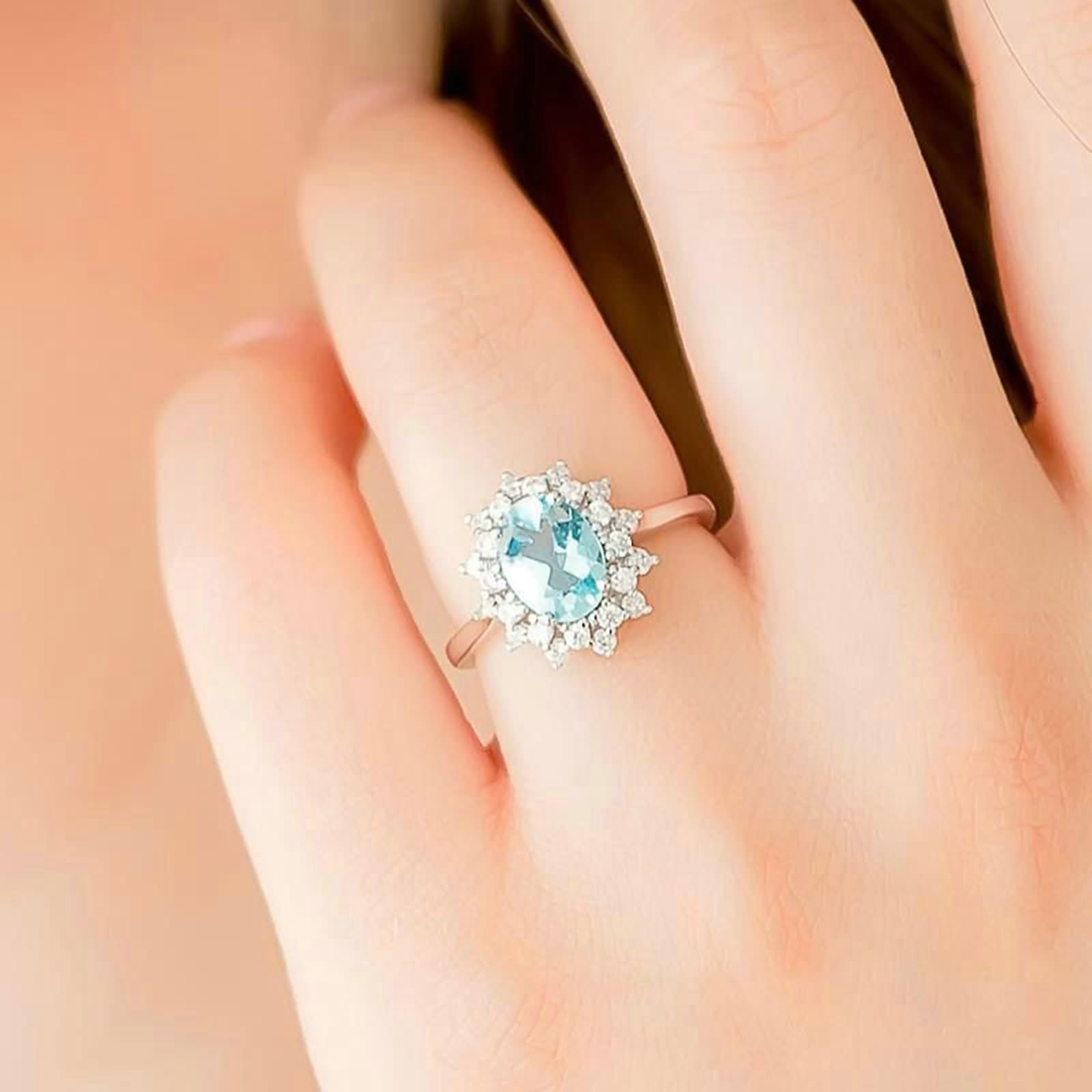 Anillo de boda para mujer, anillo de boda gótico con aguamarina ovalada y diamantes de oro blanco