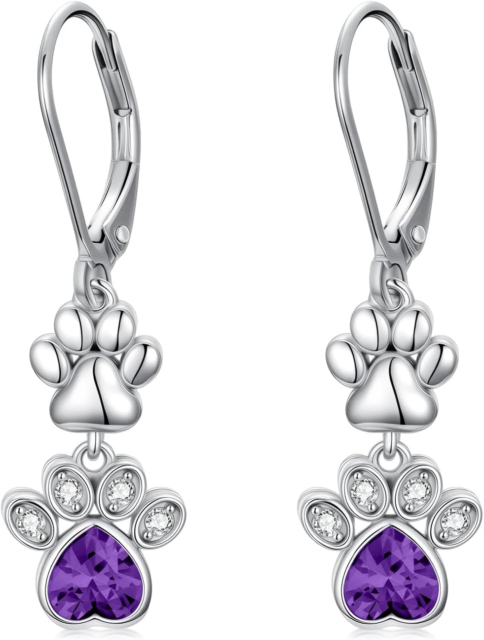 LONAGO Paw Earrings for Women 925 Sterling Silver Cute Dog Cat Paw Print with Birthstone Drop Earrings for Pet
