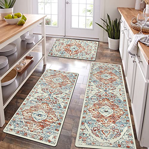 Hebe Boho Kitchen Rug Sets 3 Piece With Runner Non Slip Kitchen Rugs And Mats Waterproof Kitchen Mats Set For Floor Natural Rubber Thin Runner Rugs For Entryway Hallway Laundry Room #TOP20