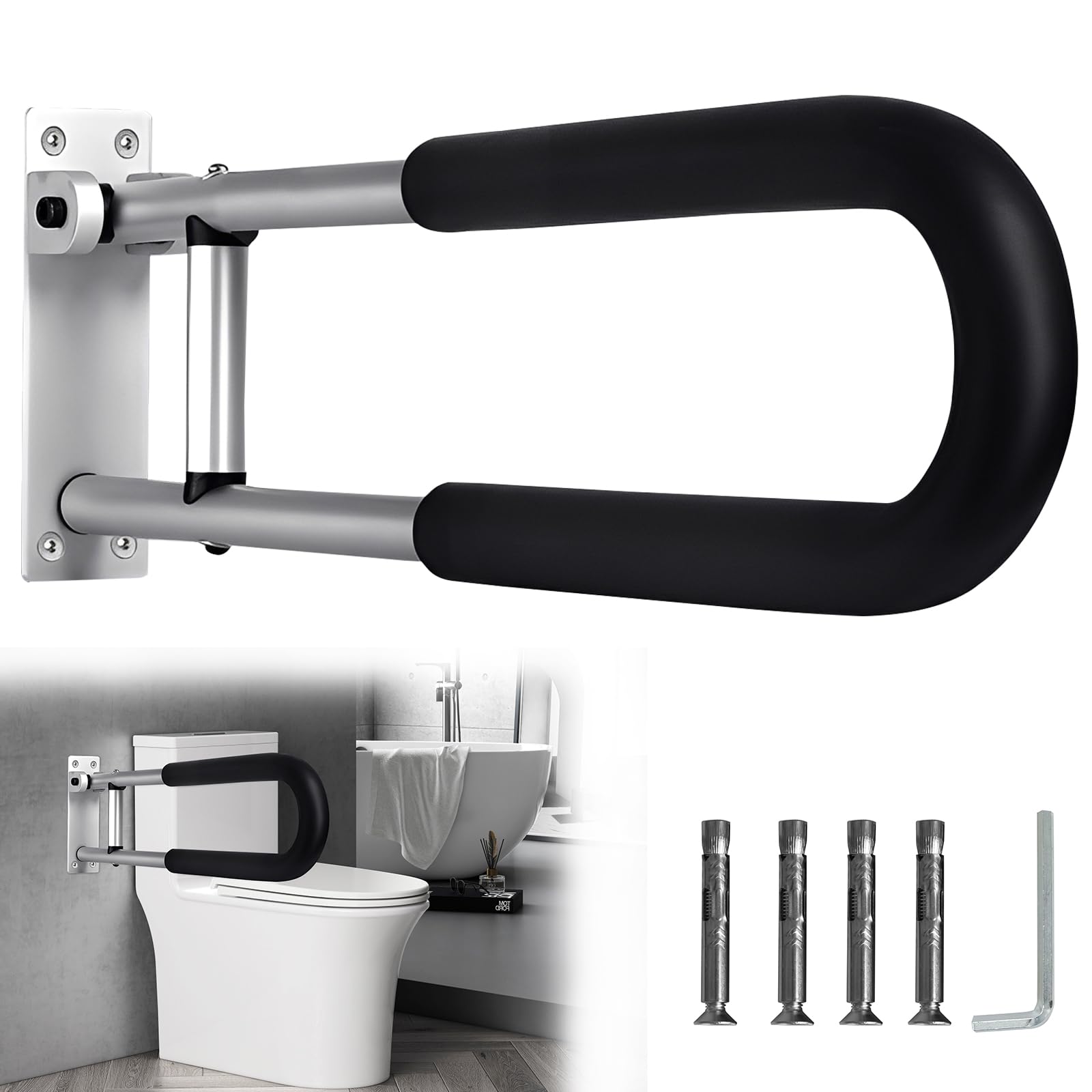 Haltegriff für Senioren, Klappbar Aufstehhilfe Toilette für Senioren | Behinderten WC Haltegriff 60CM, Rutschfest Handläufe für Die Toilettenpflege, Toilettenhaltegriff mit Tragfähigkeit 120KG