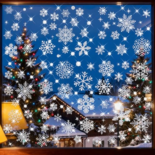 Image of 207 PCS Glitter Snowflake Window Clings - Christmas Window Stickers & Decals for Glass, Double Sided Reusable Static Winter Clings for Christmas Decorations,No Glue Needed(9 Sheets)