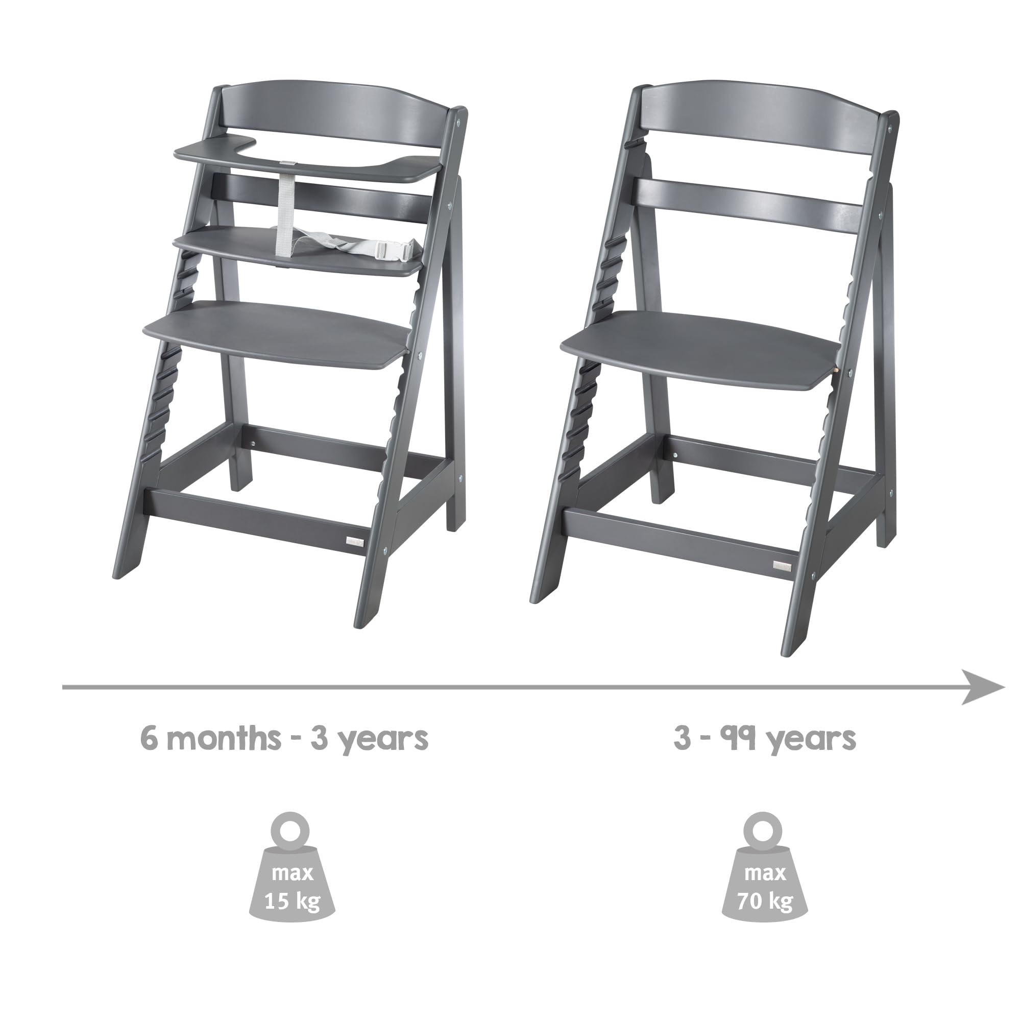 roba Babyhochstuhl Sit Up Flex - Mitwachsender Hochstuhl aus Holz - Verstellbarer Kinderhochstuhl mit Schrittgurt - ab 6 Monaten bis 70 kg - Anthrazit
