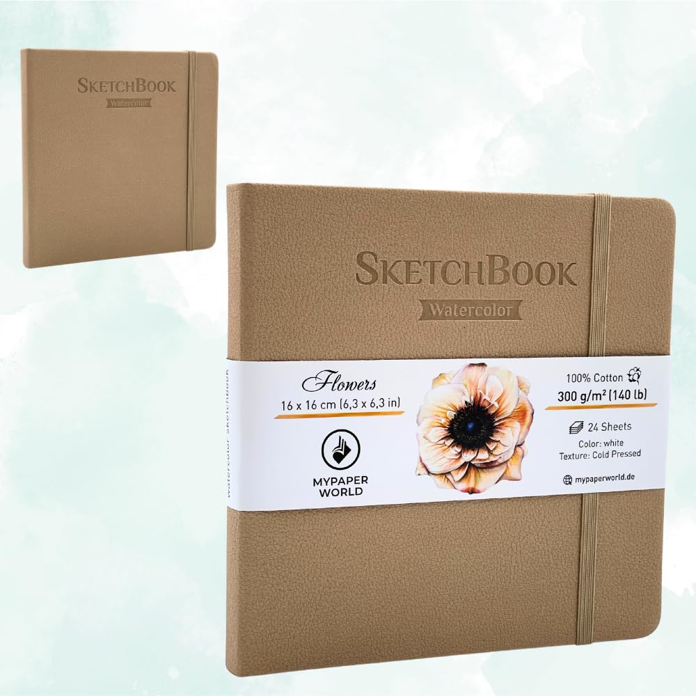 Mypaperworld Szkicownik akwarelowy 300 g/m², 100% bawełna, 16 x 16 cm, bezkwasowy, 24 arkusze, 48 stron, tłoczony na zimno (beżowy)