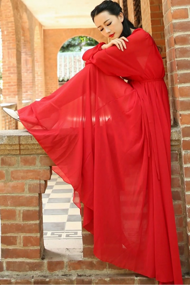 Women's Long Sleeve Chiffon Maxi Dress With Belt | Loose Fit Crew Neck Long Dress - Wine & Lavender - View #7