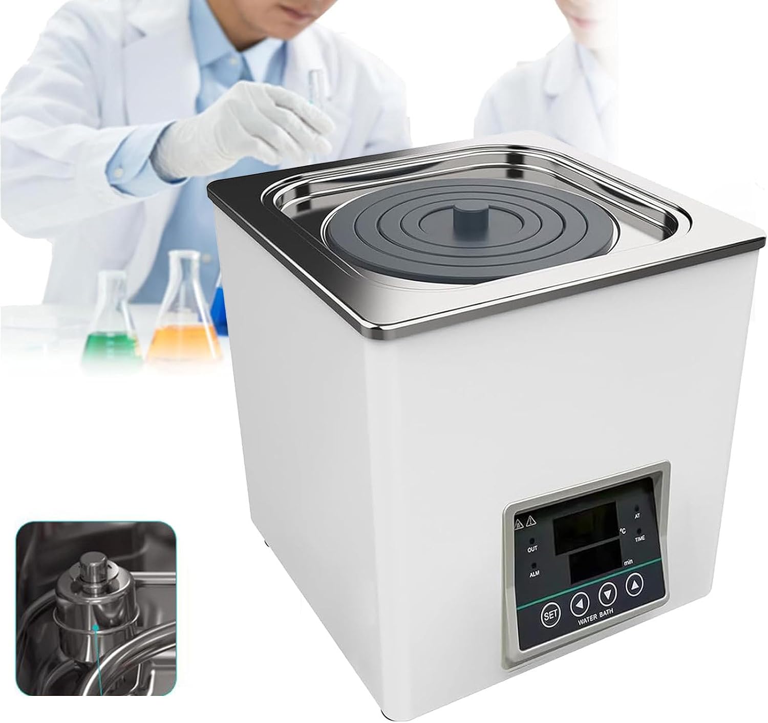 NYANS Digital Water Bath, Thermostatic Water Bath with Digital Display and Protective Cover Lid for Lab Use, 1 Chamber with 1/2/4/6 Openings, 300W/600W/800W/1200W,Singlehole300W