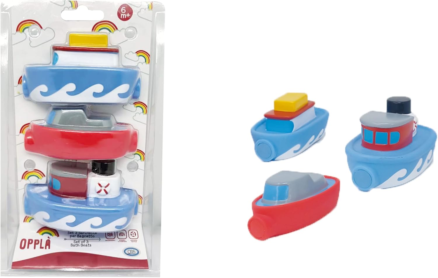 ODS - Opplà - Set of 3 Bath Boats, Size 10 cm, PVC Material, Recommended Age 6 m+
