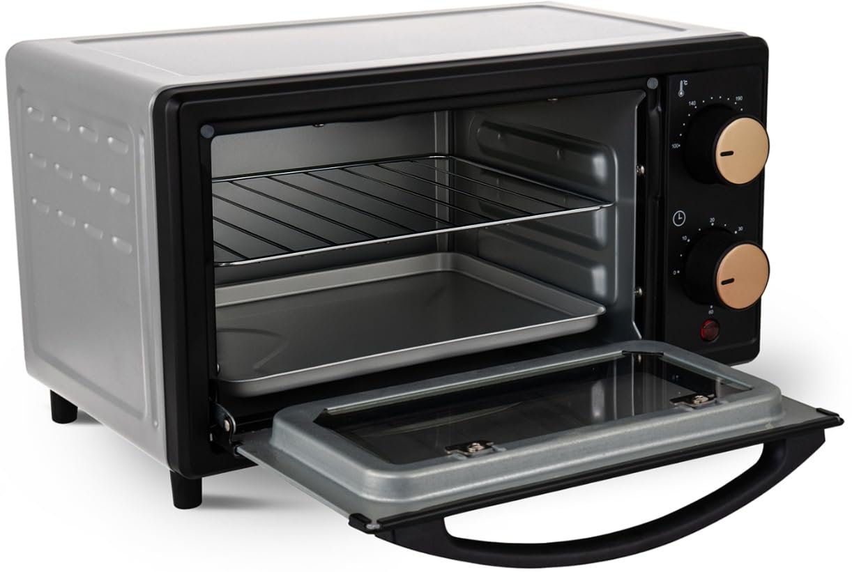 KALORIK Mini-Backofen OT2015CO, 10L Kapazität, Schwarz mit Kupferakzenten, 800W, Energiesparend mit Quarzheizung, Timer bis 60 Min, Doppelverglast, Backblech und Grillrost