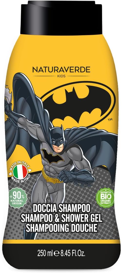 Naturaverde Kids Warner Bros Batman Shower Shampoo for Children, Shower Soap for Body and Hair, Hygiene Products for Children, with Organic Green Tea Extract, 250 ml