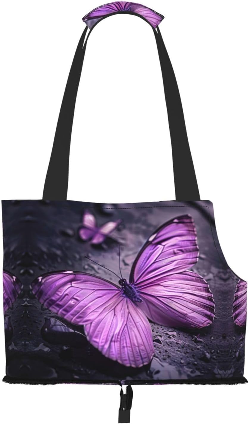 Purple Butterfly Print Portable Foldable Shoulder Bag for Travel,with Collar Hook and Handle Pad,Cute Stylish Design