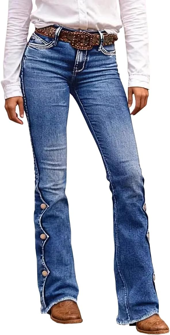Women's High Waisted Bootcut Jeans Stretchy Flare Button Embellished Western Denim Pants
