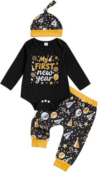 Bonangber New Years Baby Boy Outfit Letter Print Long Sleeve Romper Pants Hat Cute My First New Years Baby Boy Outfit