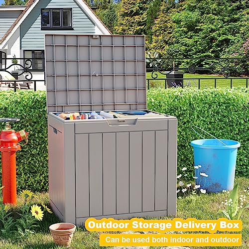 Image of 36 Gallon Outdoor Deck Box,Storage Lockable Waterproof Patio Furniture,Garden Tools,Cushions,Pool Accessories Outside Storage Resin Box(Grey)