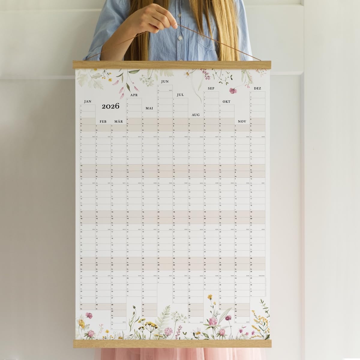 Calendario de pared 2026 con soporte de madera de roble danés, 70 x 100 cm