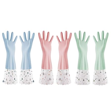 Idearsen Reusable Waterproof Household Rubber Cleaning Gloves, Long Cuff, Thicken Dishwashing Gloves 3-Pairs (Medium-3 Macaron Colors)