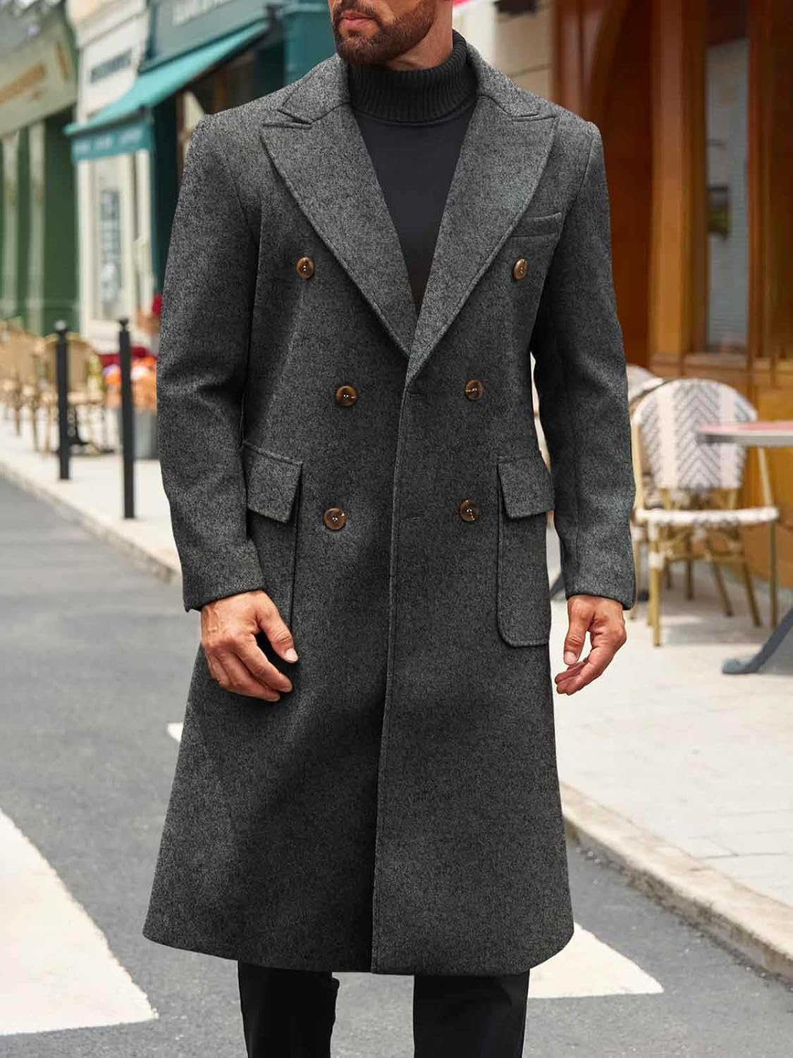 Runcati Mens Wool Blend Casual Trench Coat Notched Collar Lapel Long Jacket Double Breasted Classic Winter Overcoat - Image 4
