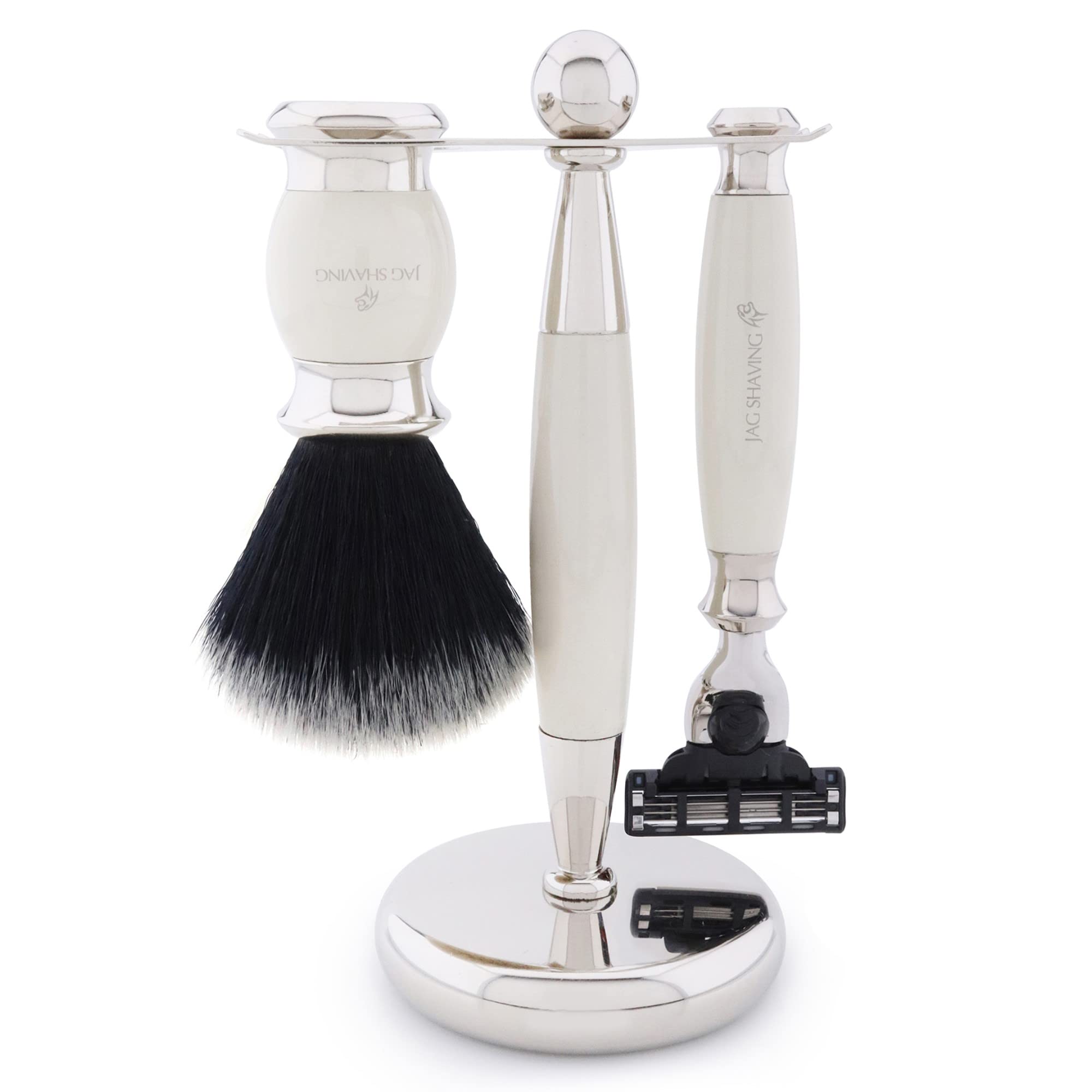 Jag Shaving Zestaw do golenia - 4-częściowy zestaw do golenia - JAG's LEE Range - czarny syntetyczny pędzel do golenia - 3-krawędziowe ostrza do golenia - miseczka do golenia - stojak do golenia - zestaw upominkowy
