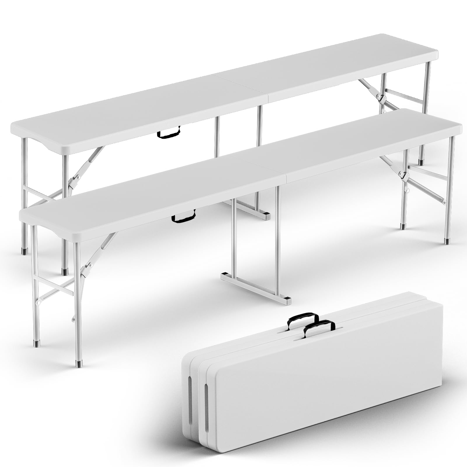 Banco plegable de 6 pies, banco de plástico plegable con asa y mesa de polietileno de alta densidad suave, asiento de picnic portátil en exteriores, camping, comedor, paquete de 2, color blanco