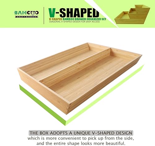 Miniatura 3 de Juego de 3 organizadores de cajones de bambú en forma de V, platos grandes y largos de cocina, caja de almacenamiento de cubiertos y cubiertos,