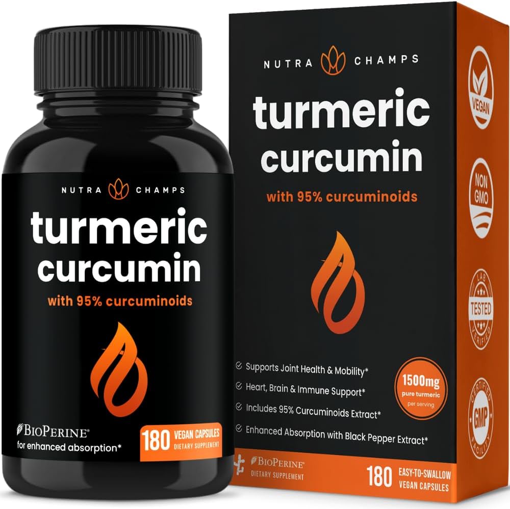 NutraChamps Turmeric Curcumin with Black Pepper Extract 1500mg, 95% Curcuminoids Extra Strength Turmeric Supplement for Joint Health, Brain, Heart & Immune Support, 180 Turmeric Capsules