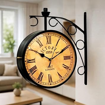 Antique Double Sided Railway Wall Clock Vintage Style Black Metal, Roman Numerals, Indoor/Outdoor Decorative Clock for Home, Office & Garden 11 Inch with Wall Mount