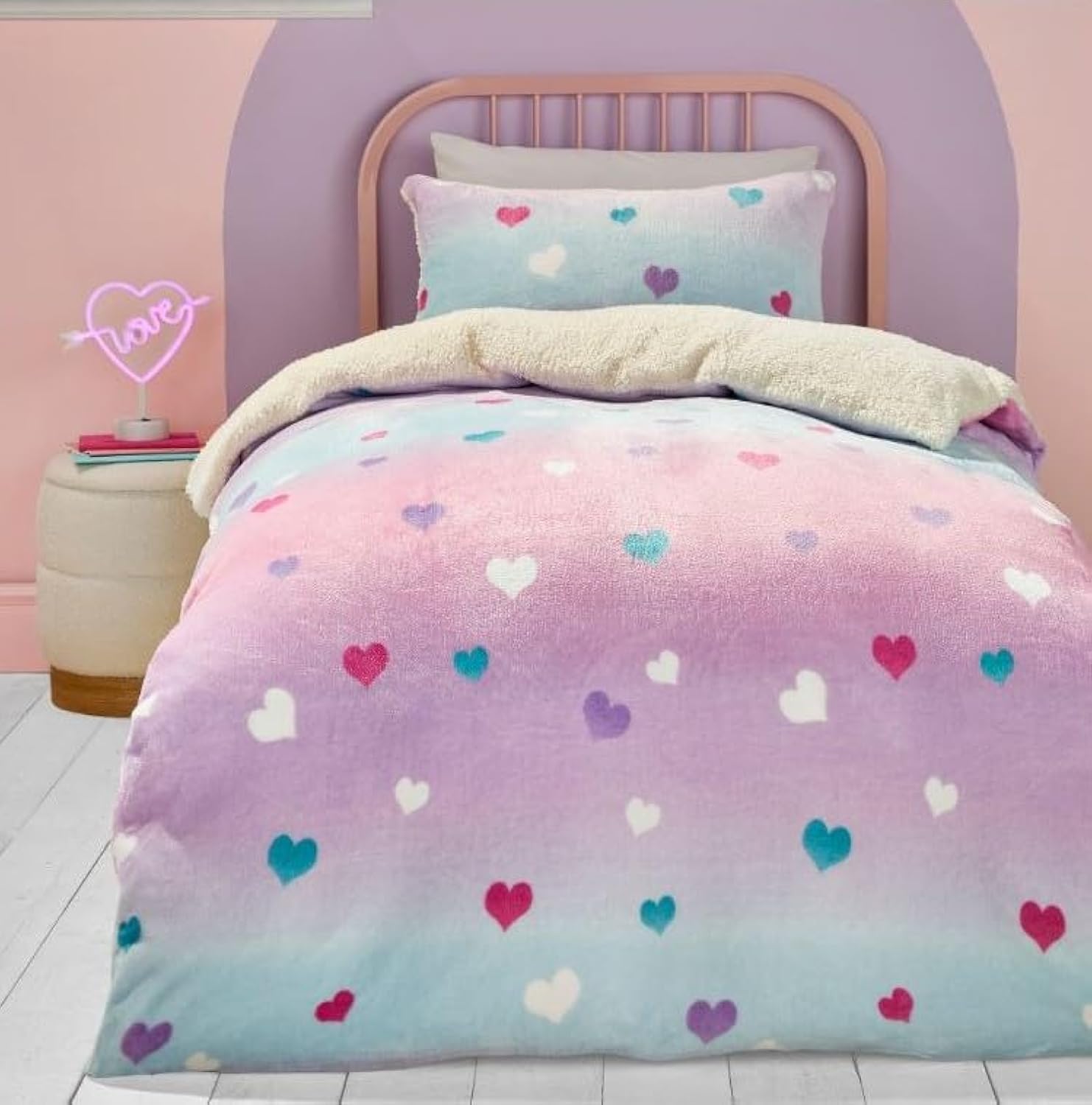 Bedlam Unisex Multicolor 'Cosy Ombre Heart' Plush & Sherpa Reverse Duvet Cover Set | Size: Double