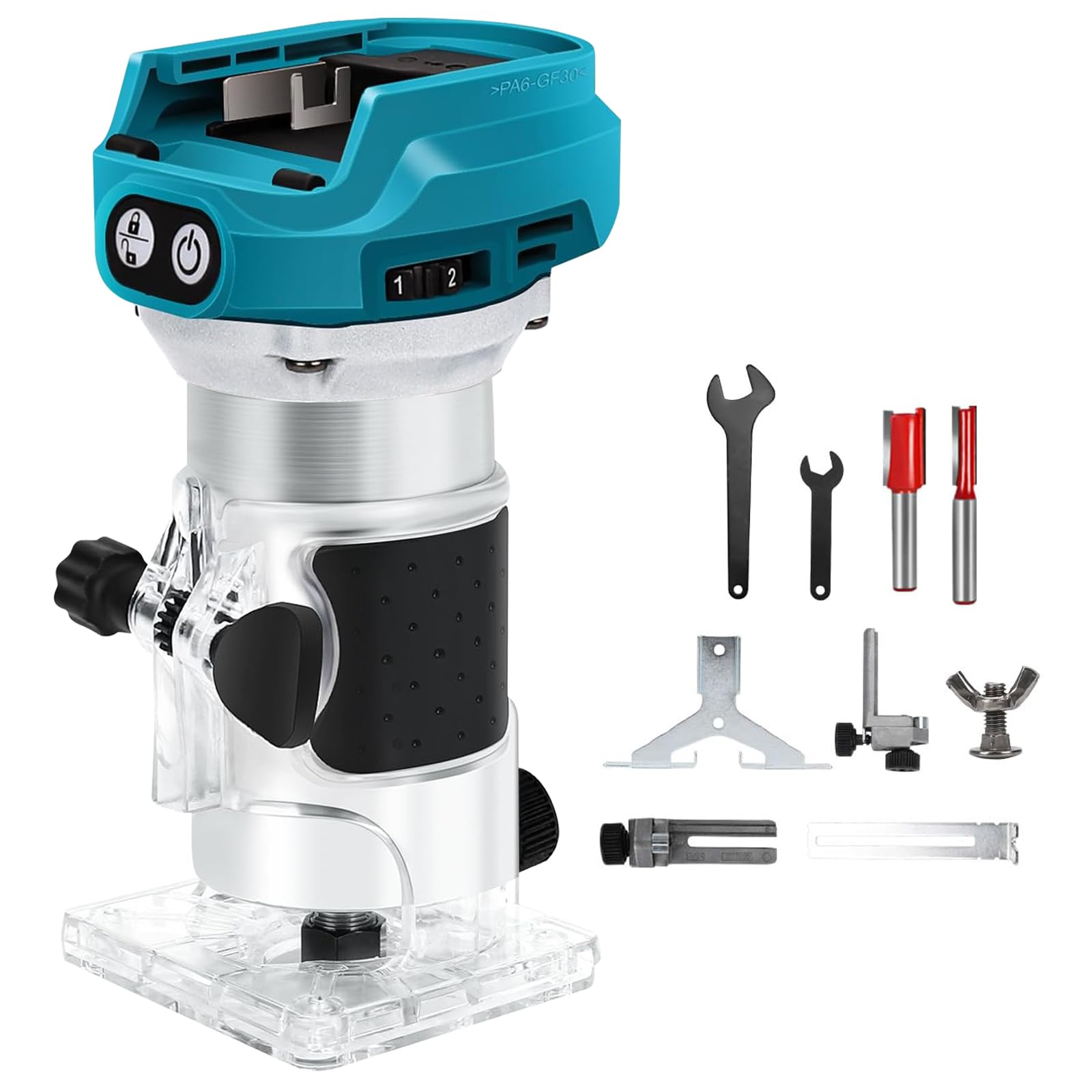 Fresa a batteria compatibile con batteria Makita da 18 V, 1300 W Rifilatore Fresatrice Verticale, Elettrica Fresatrice Palmare Rifilatore, con 6 velocità, taglialegna a batteria (senza batteria)
