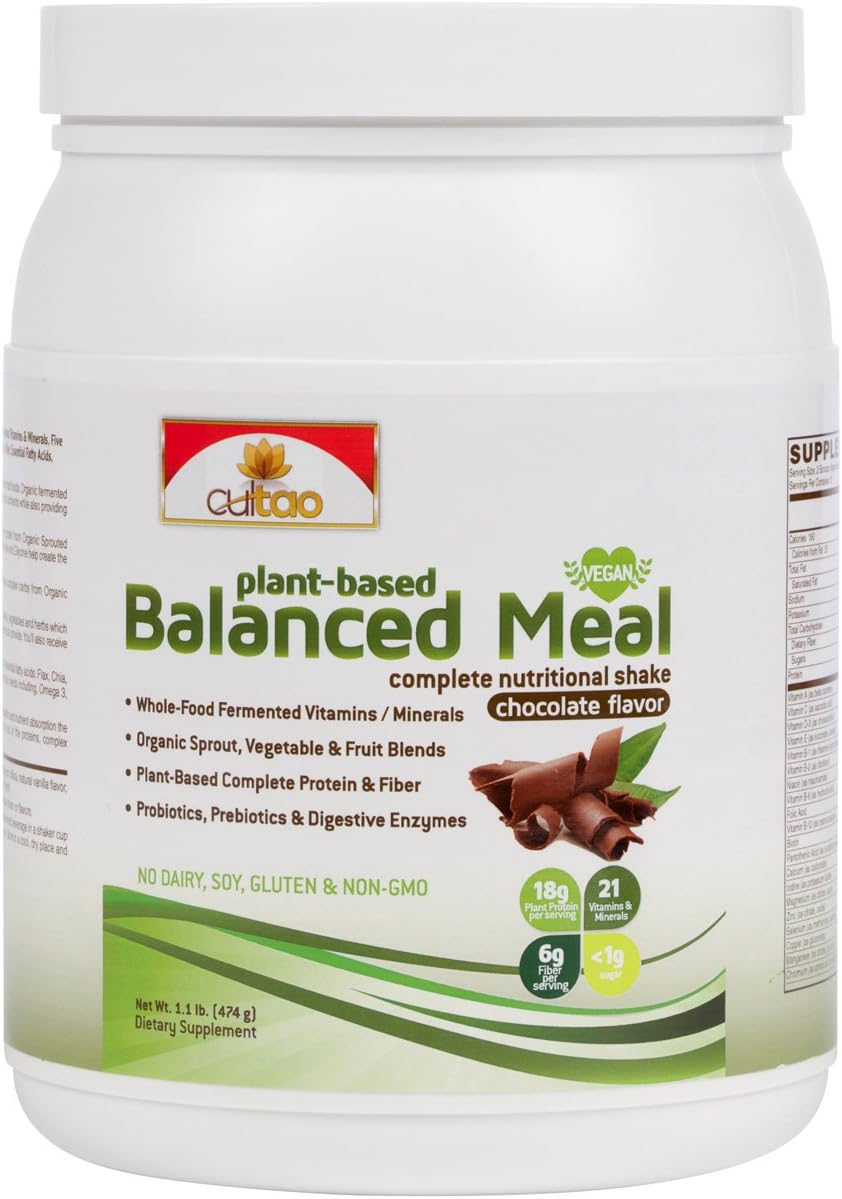 Premium Plant-Based Protein Balanced Meal Replacement Shakes - Fermented Whole-Food, Organic Vegetables, Herbs, Super Fruits, Fiber, Omegas, Probiotics & Enzyme, Vegan-Friendly (Chocolate, 1.1lbs)