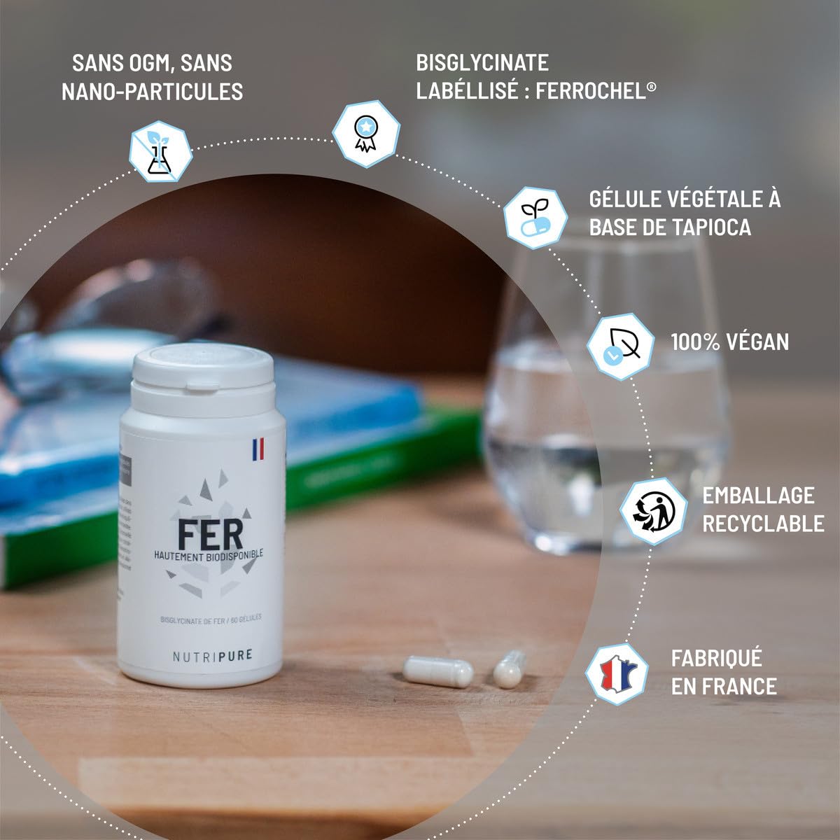 Nutripure | Fer Bisglycinate 14 mg Haute Qualité FERROCHEL® | Haute Absorption | Complément Alimentaire Anti-Fatigue & Renfort du Système Immunitaire | 120 Gélules Végétales | Vegan | Made in France