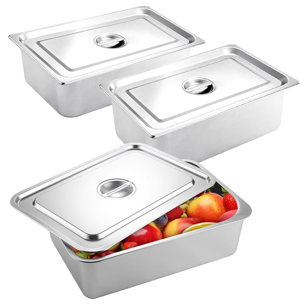 Juego de 3 cuencos para alimentos de acero inoxidable con tapa, 32,5 x 17,5 x 6,5 cm, recipiente GN 1/3, para comida caliente y fría, sartén de hotel