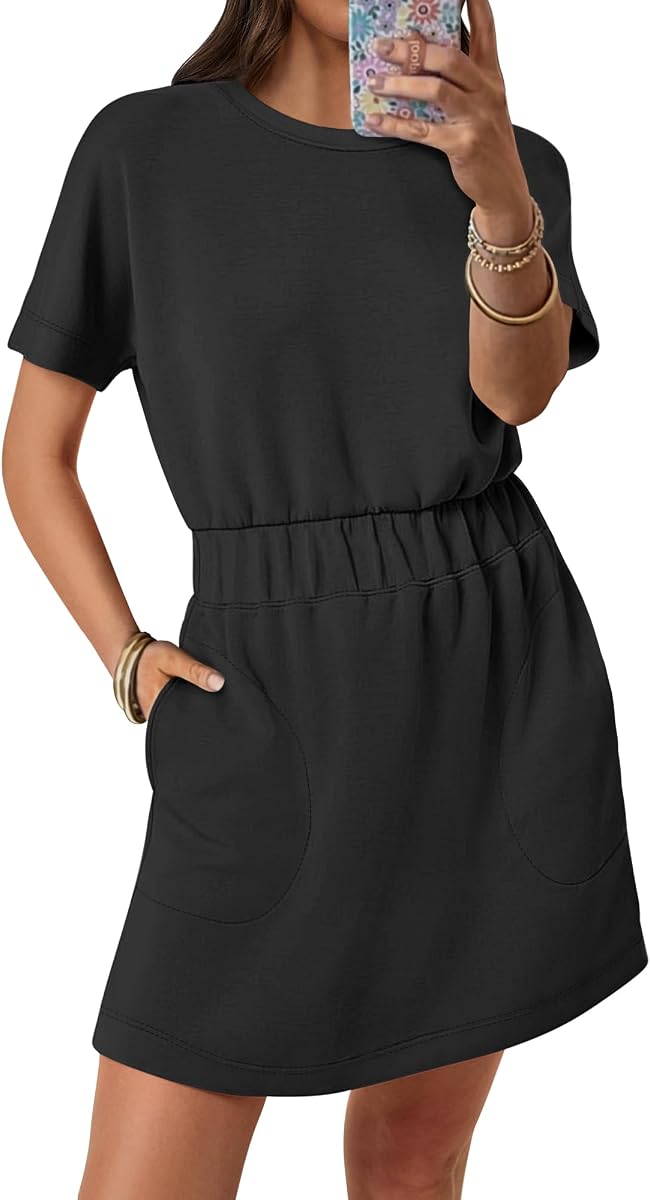 ANRABESS Womens Dresses 2026 Summer Casual Short Sleeve Crew Neck Elastic Waist Mini T Shirt Dress with Pockets