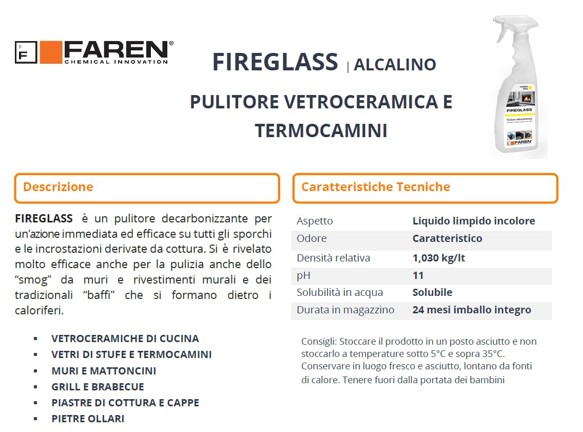 Faren FIREGLASS, Detergente Pulisci Vetro Camino e Stufa, Efficace su Vetroceramica e Barbecue, Ideale per Termocamini e Piani a Induzione, Made in Italy, 750 ml (12pz)