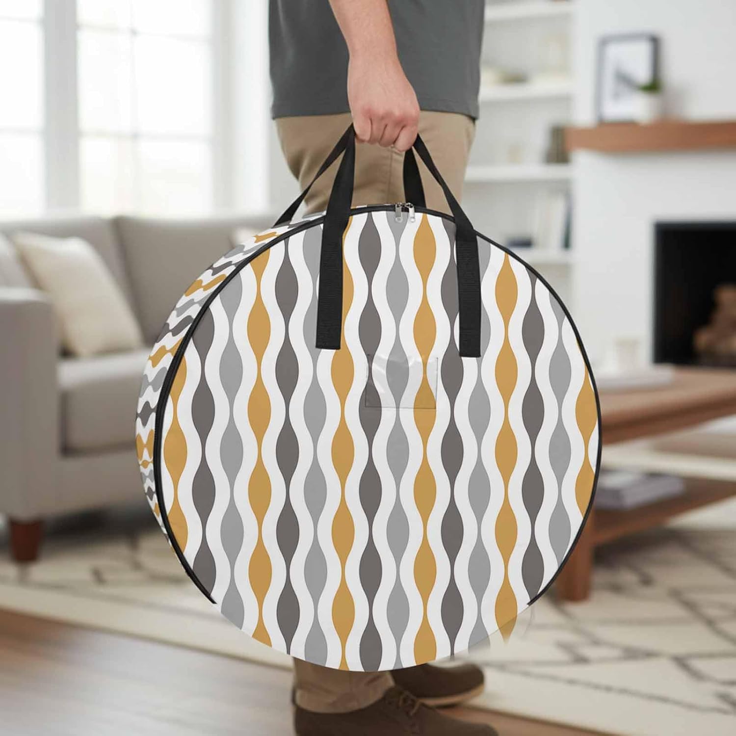 Yellow Gray Round Storage Bag 36 Inch, Medieval Print Waves Geometric Clothes Storage Container with Handles Heavy Duty Organizer for Comforter, Bedding & Holiday Wreaths