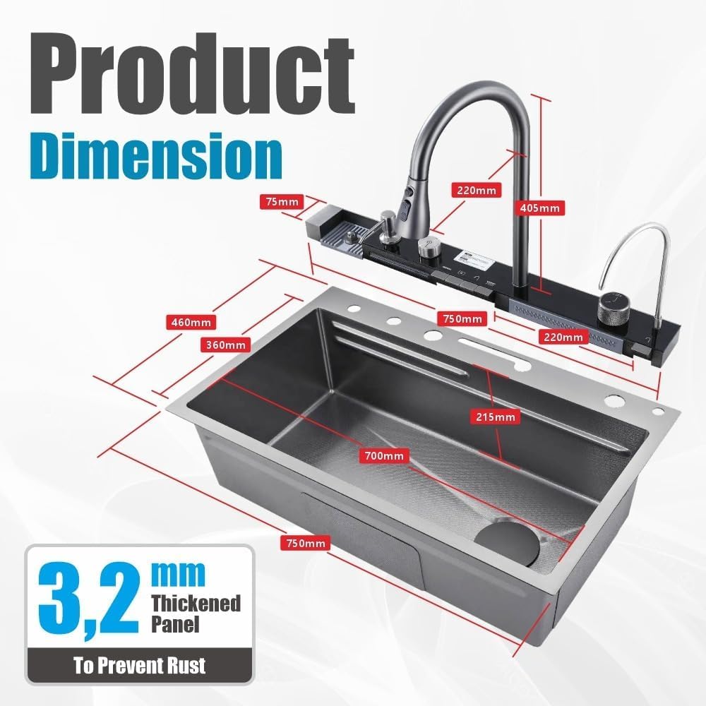 Évier de cuisine en cascade multifonction avec robinet amovible, distributeur de savon, lave-vaisselle, etc.