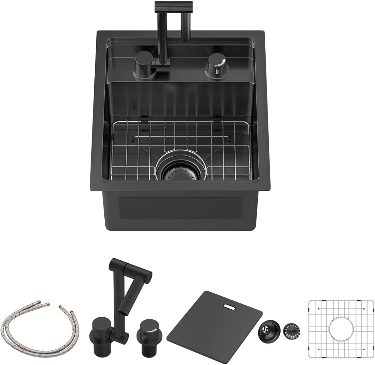 Sarlai Black Outdoor Sink, 15x17 Inch Undermount Kitchen Sink Workstation with Foldable Faucet Bar Prep Single Bowl Gunmetal Black 16 Gauge Stainless Steel Sinks with Cover,BBQ Sinks Outside