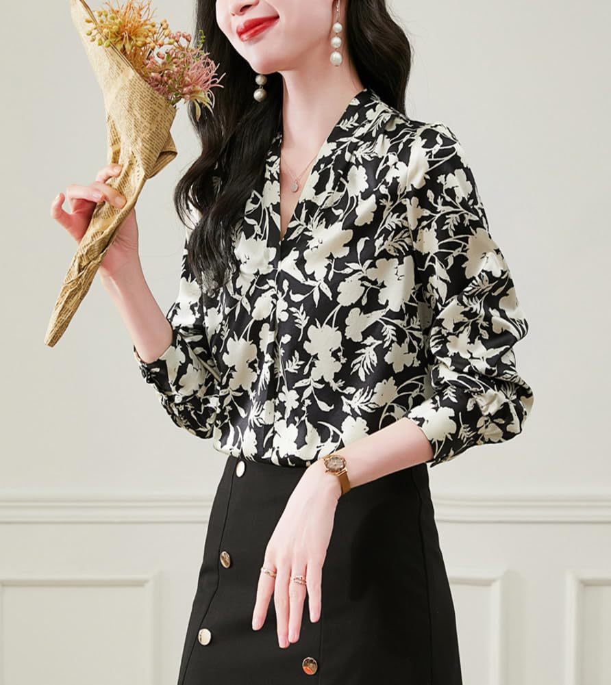 DISSA Blusa de seda para mujer, cuello en V, blusa de manga larga, camisa de seda, camiseta de flores, S3623