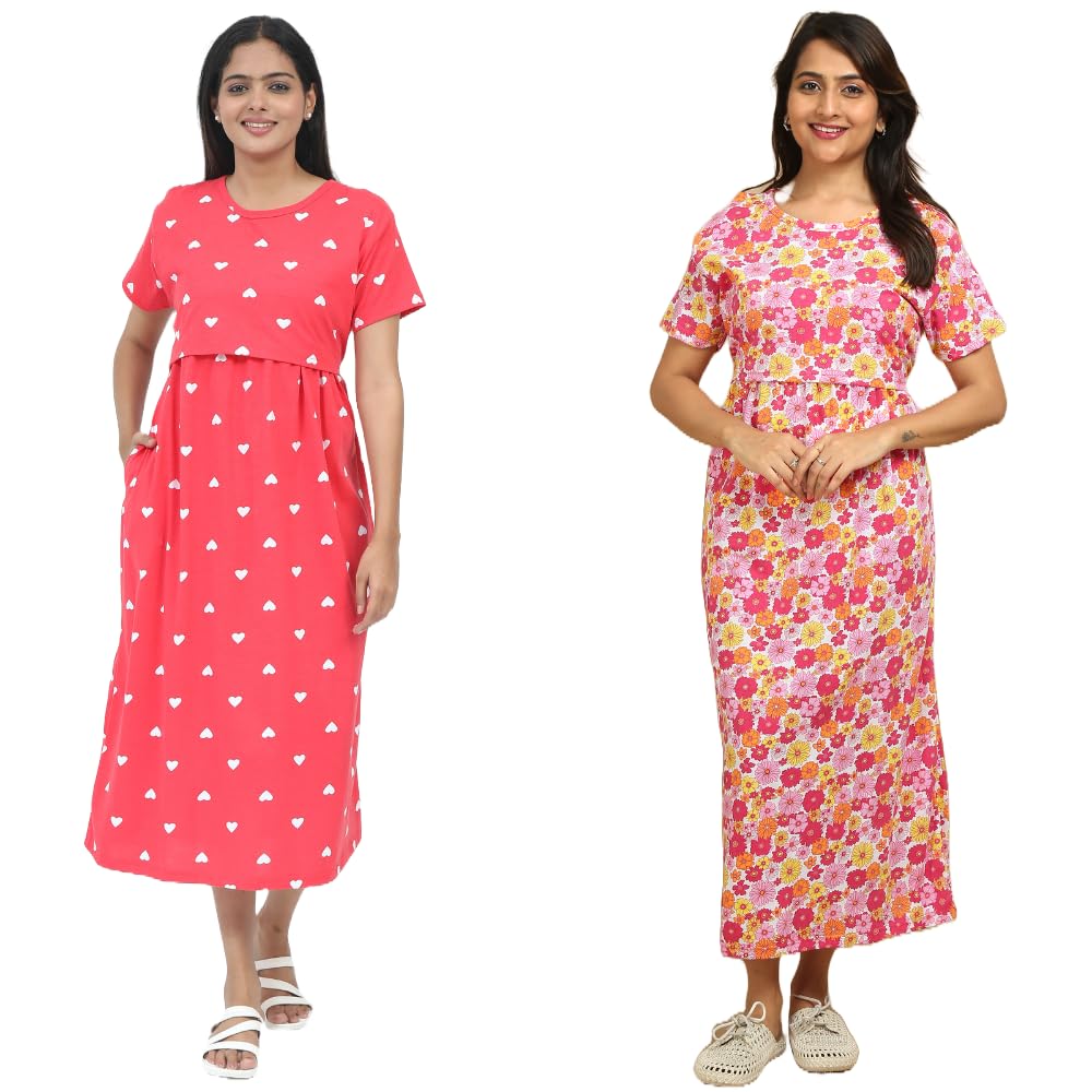 Mayaval Women’s Maternity Nursing Dress Set – Pack of 2 Coral Pink & Magenta Cotton Feeding Dress with Heart & Bow Print-picture-49