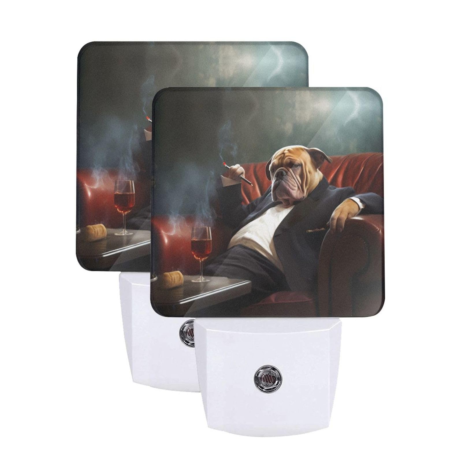 Funny Puppy Dog Night Light Set of 2, Hipster Bulldog Auto Sensor LED Dusk-to-Dawn Nightlights, Plug-in Sensor Lamp for Bedroom Bathroom Kitchen Hallway Stairs Decorative