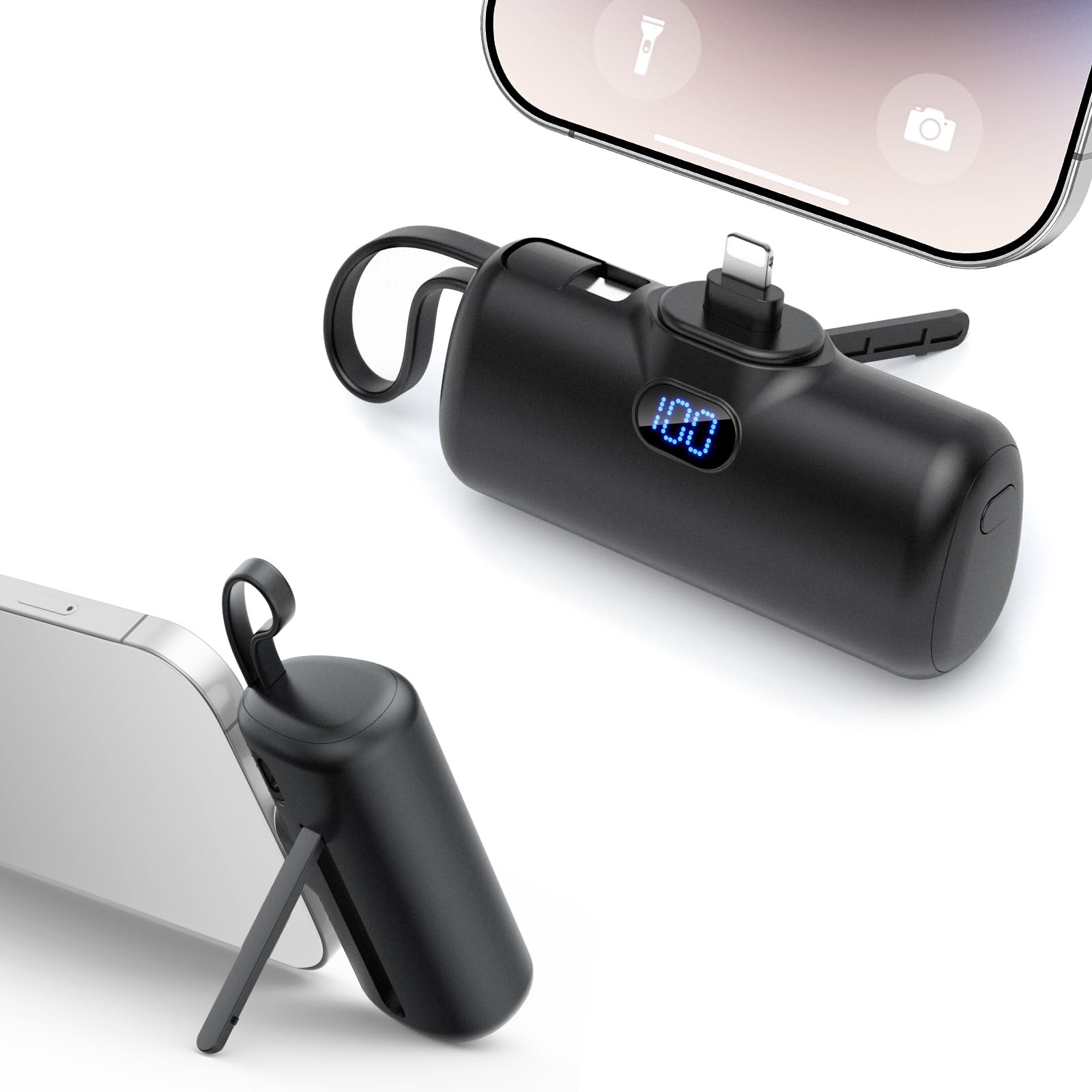 Mini Portable Charger for iPhone, 5000mAh Power Bank, Dual Charging with USB C Cable, LED Display Battery Pack, Backup Charger, Travel Essentials compatible With iPhone 14 /13/12/11 series & Android