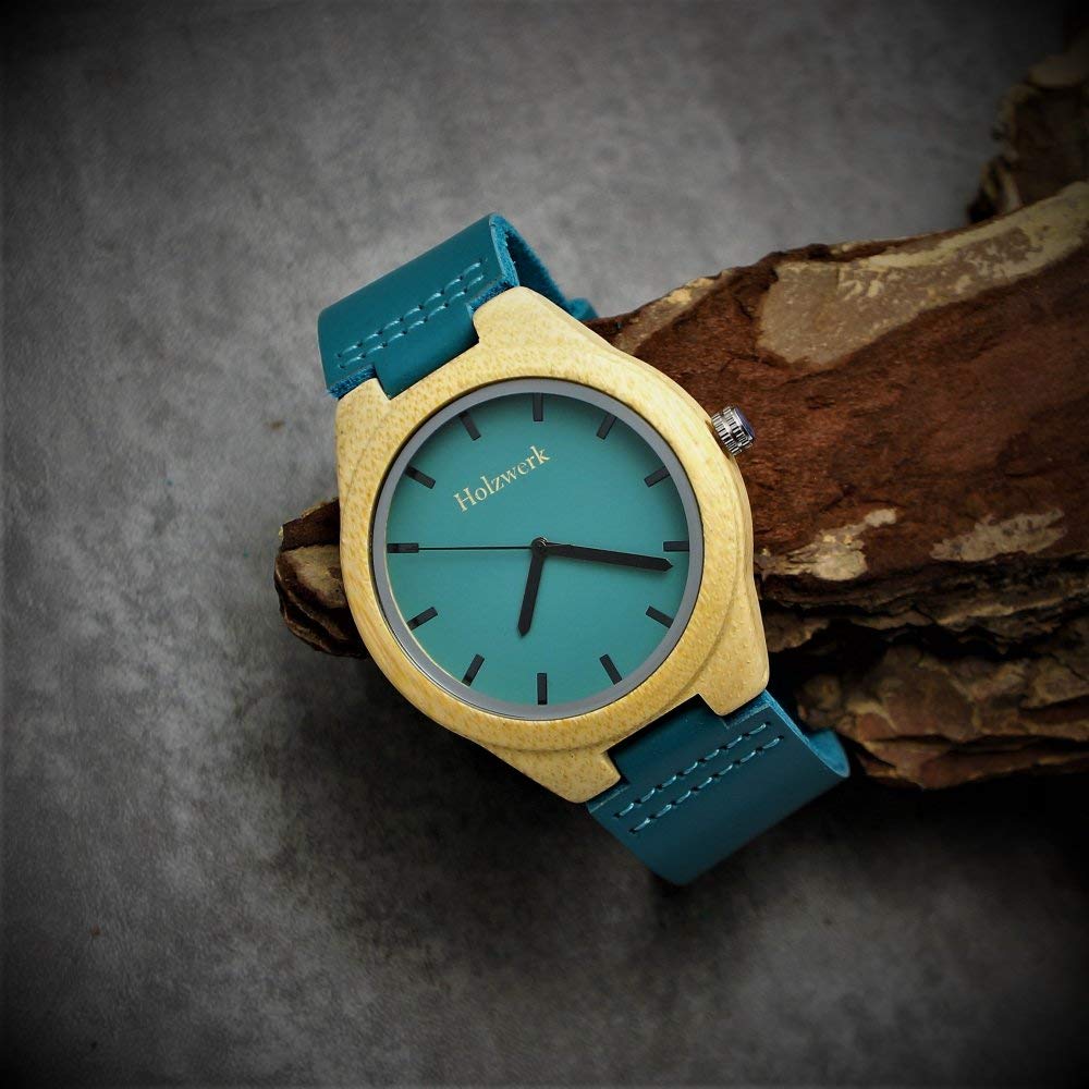 Holzwerk Germany Handgefertigte Designer Damen-Uhr Herren-Uhr Öko Natur Holz-Uhr Leder Armband-Uhr Analog Klassisch Quarz-Uhr in Blau Buche Türkis Schwarz