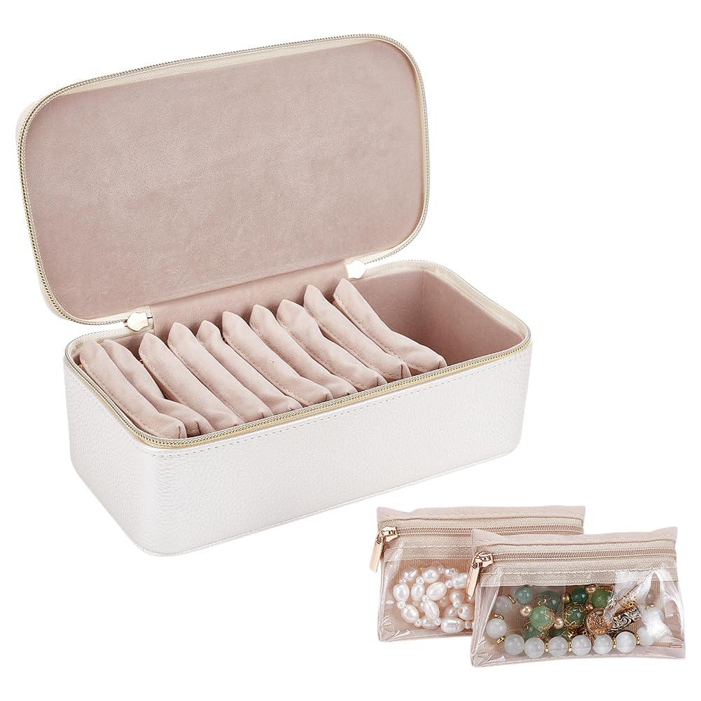 FINGERINSPIRE Schmuckschatulle Mit Taschen Set 23.5x11.7x8.4cm Weiß Reise Schmuck Organizer Mit 12 Samtbeuteln Aufbewahrungskoffer Aus PU Leder Mit Griff Zum Schutz von Halsketten Ringen Ohrringen