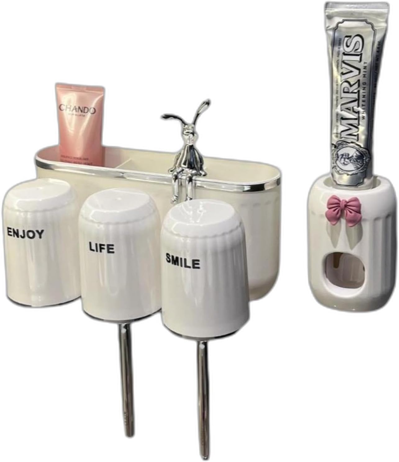 Toothbrush Holder, Wall-Mounted Toothpaste Organizer, No-Drill Bathroom Storage Rack White 3C D B R